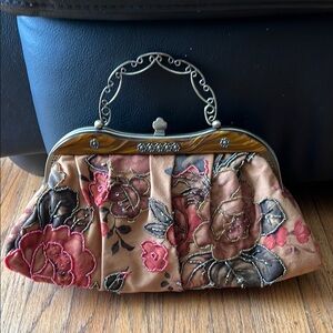 Floral Embroidered Clutch Bag - Brown and Red